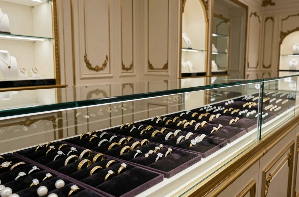 Vitrine de la Bijouterie Pujol exposant des alliances en or et des bagues de fiançailles sur velours
