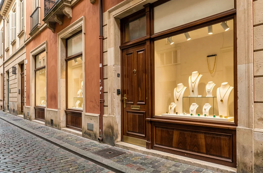 Devanture de la Boutique Frayssinet sur une rue pavée de Toulouse avec vitrine de bijoux en or