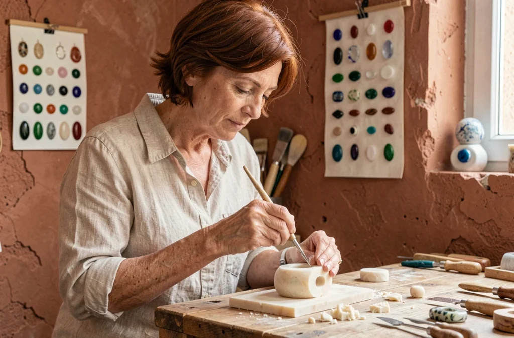 Carole Wiroth sculptant un modèle de bague en cire dans son atelier de bijouterie artisanale à Toulouse
