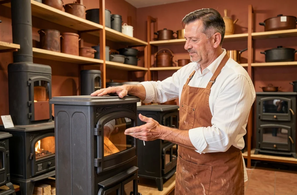 Artisan Chaleur et Cuisson présentant un poêle à bois dans son showroom de la Drôme