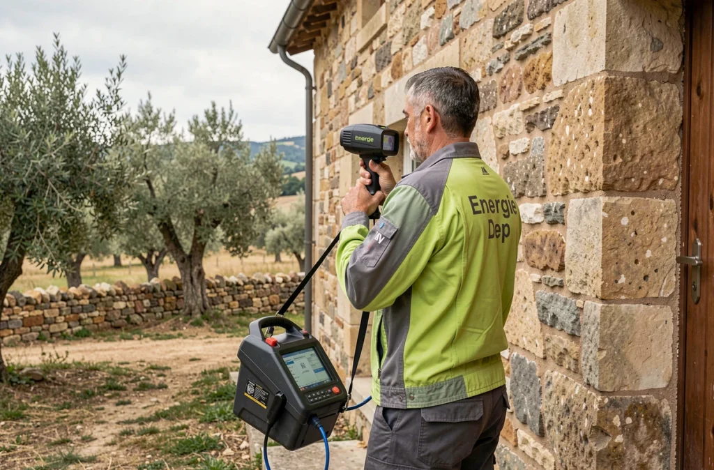 Technicien Energie Dep réalisant un bilan thermique d'une ferme en pierre dans la Drôme