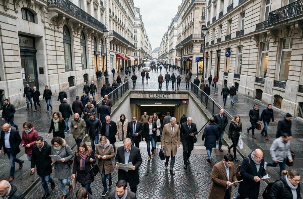 Vue large de l'entrée de la station Châtelet avec des navetteurs consultant le plan de la ligne 4 du métro parisien en heure de pointe
