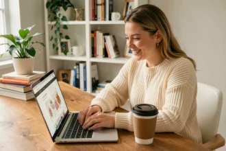 Femme parcourant un site de cadeaux en ligne sur son ordinateur portable pour choisir un cadeau d'anniversaire via Cadeau Clic