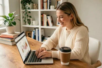 Femme parcourant un site de cadeaux en ligne sur son ordinateur portable pour choisir un cadeau d'anniversaire via Cadeau Clic