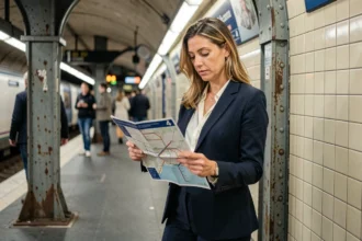 Femme cadre consultant le plan du métro ligne 4 sur le quai d'une station parisienne lors de son trajet domicile-travail