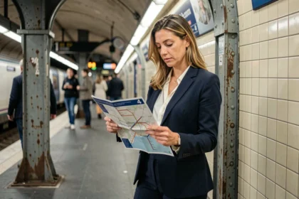 Femme cadre consultant le plan du métro ligne 4 sur le quai d'une station parisienne lors de son trajet domicile-travail