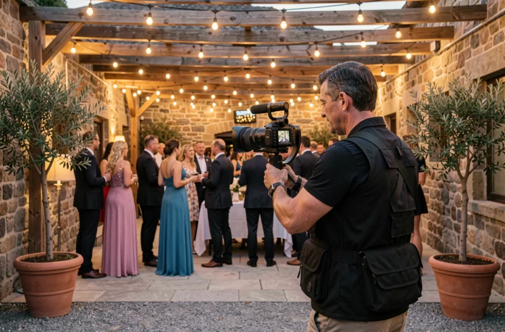 Vidéaste et photographe événementiel de Fly Events Production filmant une réception en extérieur avec un stabilisateur de caméra professionnel