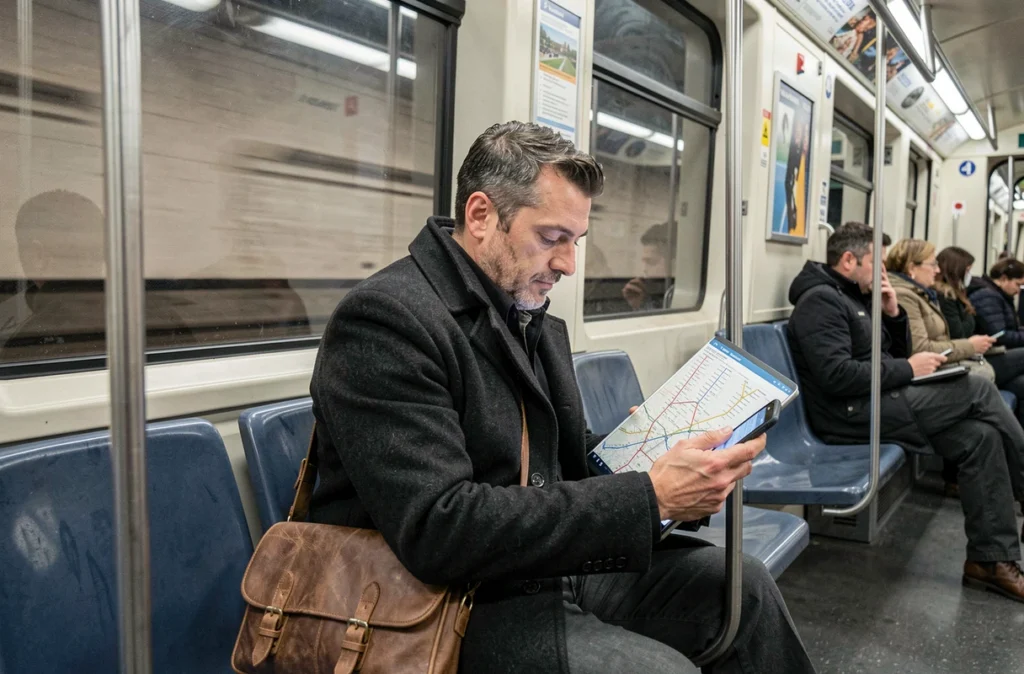 Homme en manteau consultant l'itinéraire de la ligne 4 du métro parisien sur son téléphone pendant un trajet domicile-travail