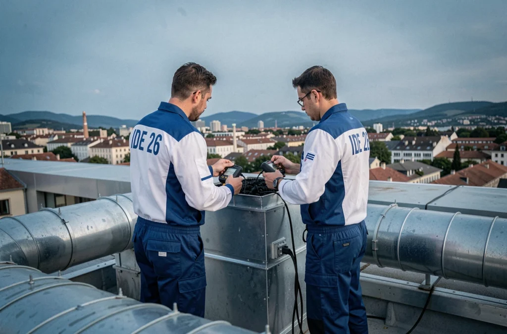 Ingénieurs IDE 26 travaillant sur un système de ventilation en toiture à Valence dans la Drôme