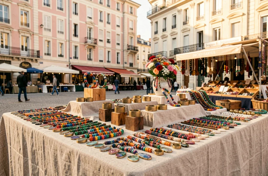 Étal de bijoux artisanaux colorés Laoula Bijoux sur un marché en plein air à Toulouse