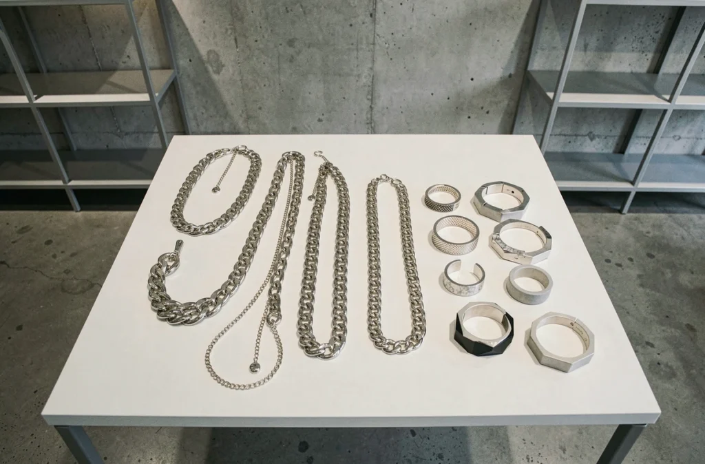Collection de colliers et bracelets en argent Marc Deloche présentée dans un espace design minimaliste