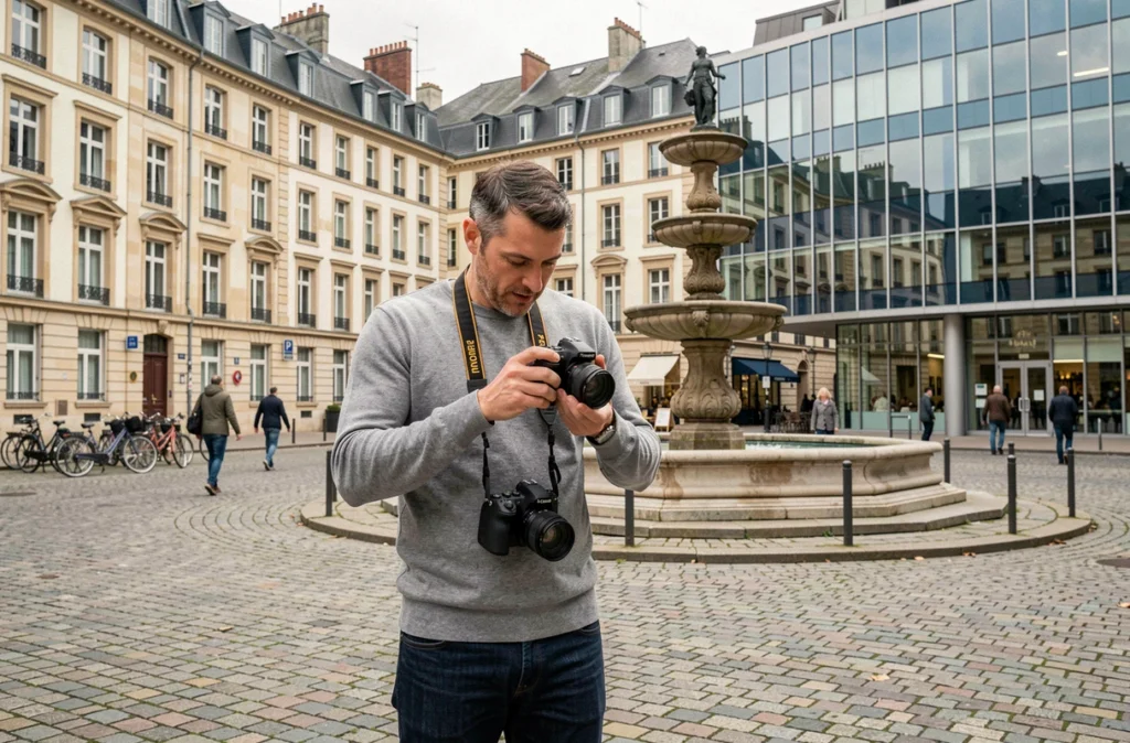 Photographe polyvalent Maryo dans une place de Pau avec deux appareils photo autour du cou consultant une image sur son écran LCD