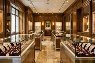Vue intérieure d'une bijouterie haut de gamme en Haute-Garonne avec des vitrines de bijoux en or et diamants