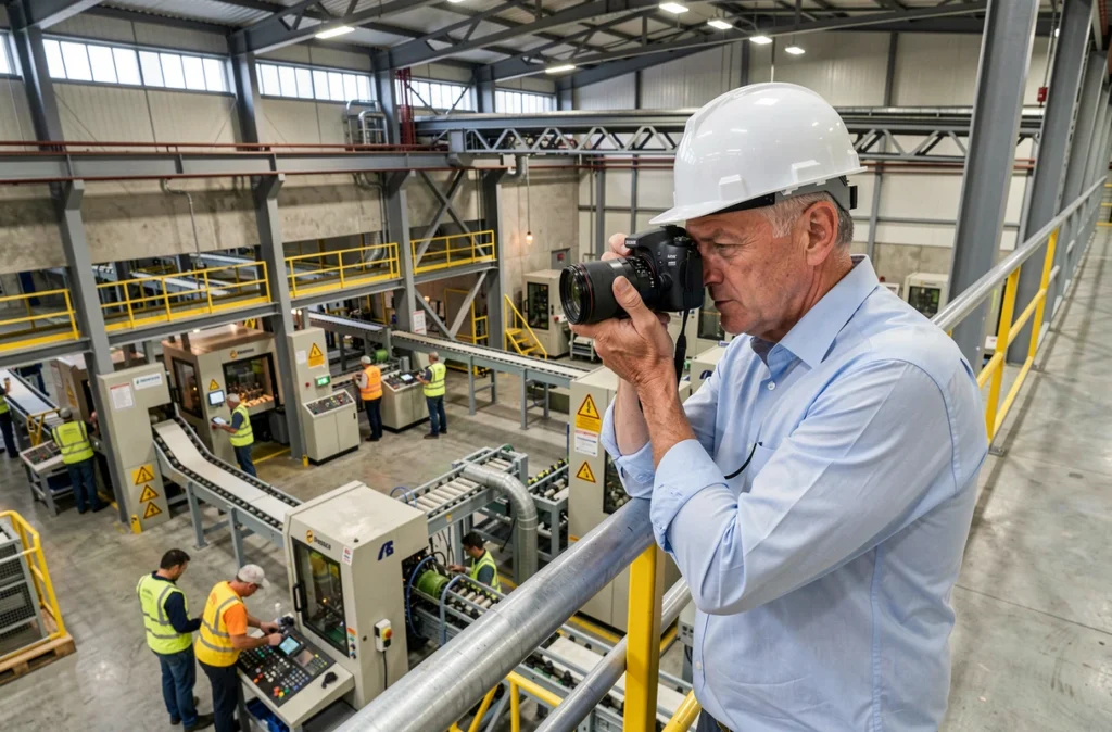 Photographe corporate et industriel Pascal Laurent sur une mezzanine d'usine dans les Pyrénées photographiant des ouvriers sur le site de production