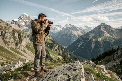 Photographe professionnel tenant un appareil photo en pleine nature dans les Pyrénées-Atlantiques avec vue panoramique sur les sommets enneigés