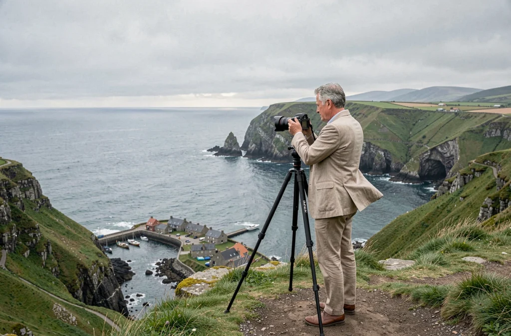 Photographe auteur Pierre-Eric Preux au bord d'une falaise côtière basque photographiant un village de pêcheurs dans une crique en contrebas