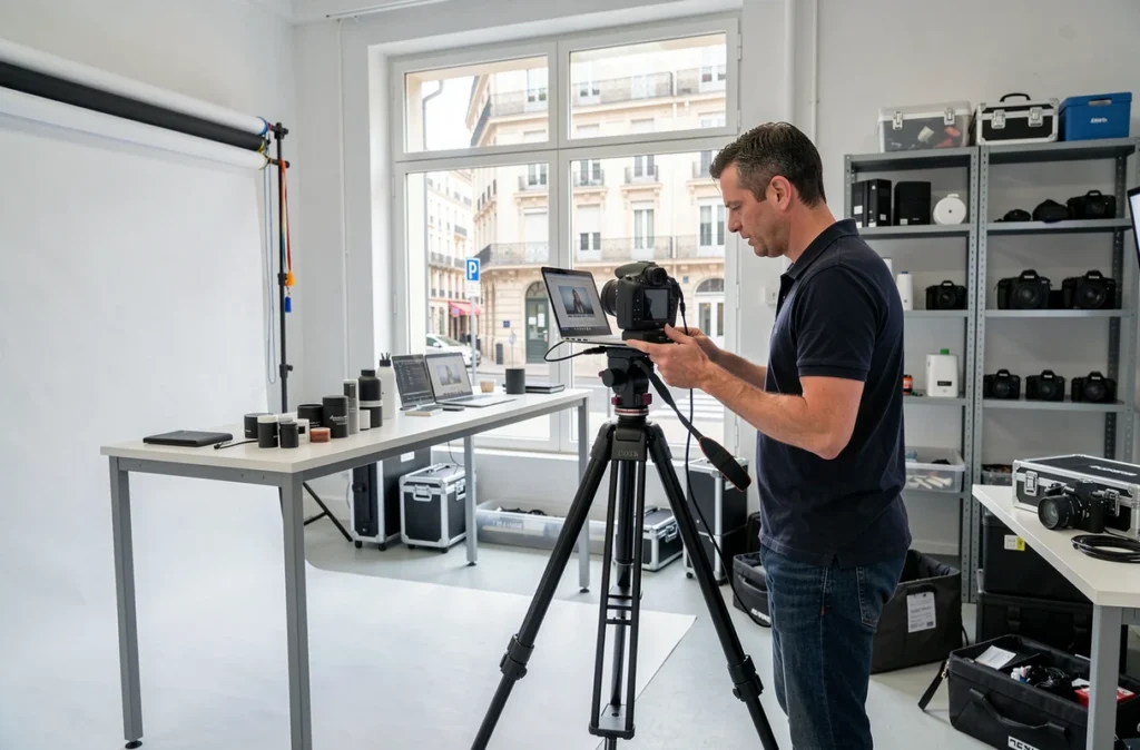 Photographe polyvalent de Rapid'Photo à Pau travaillant sur un ordinateur portable en studio avec des rouleaux de fond de papier blanc