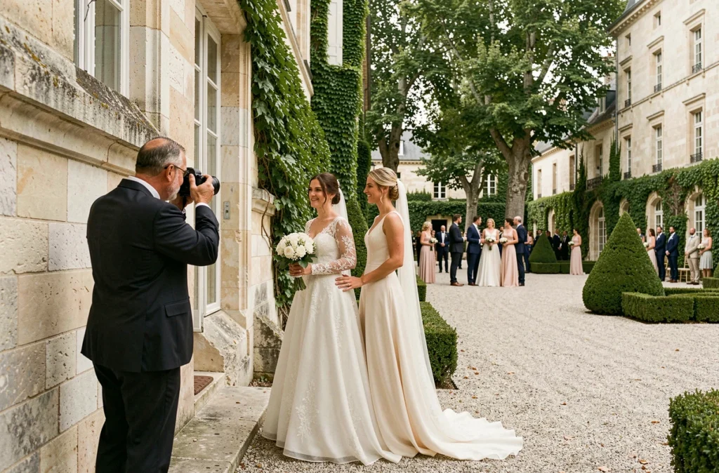 Photographe de mariage Serge capturant discrètement un couple de mariés près d'un mur en pierre d'un château béarnais à Pau