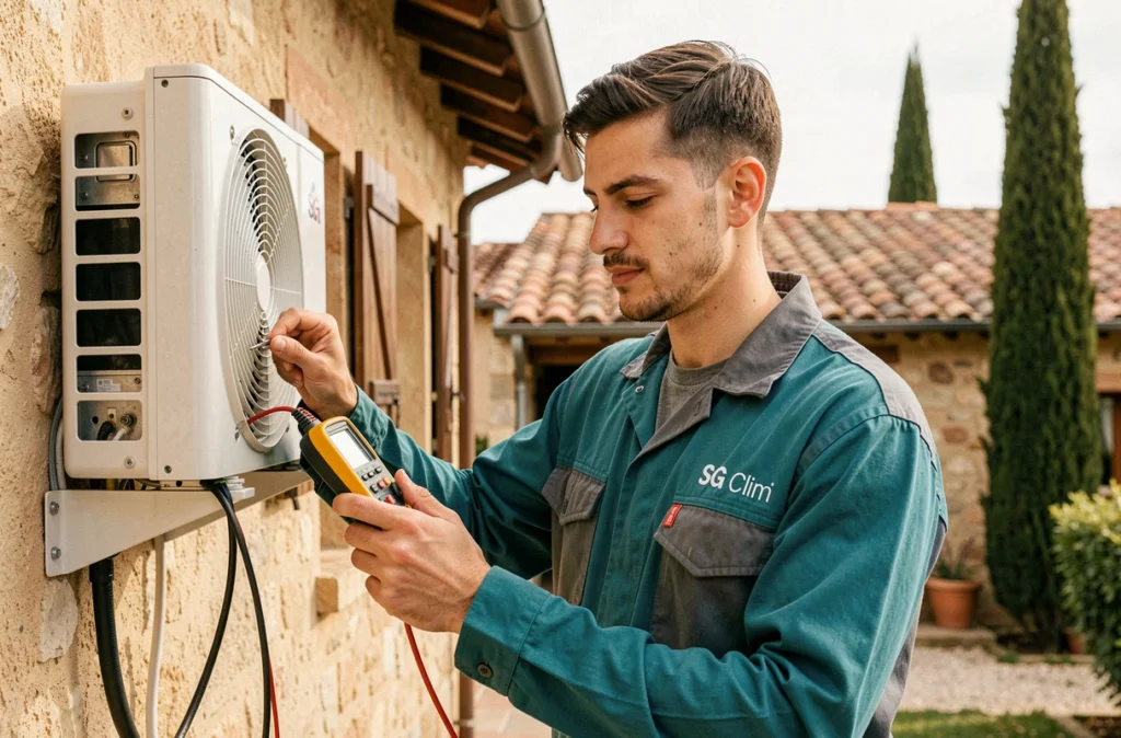 Technicien SG Clim finalisant l'installation d'une climatisation sur une maison provençale dans la Drôme