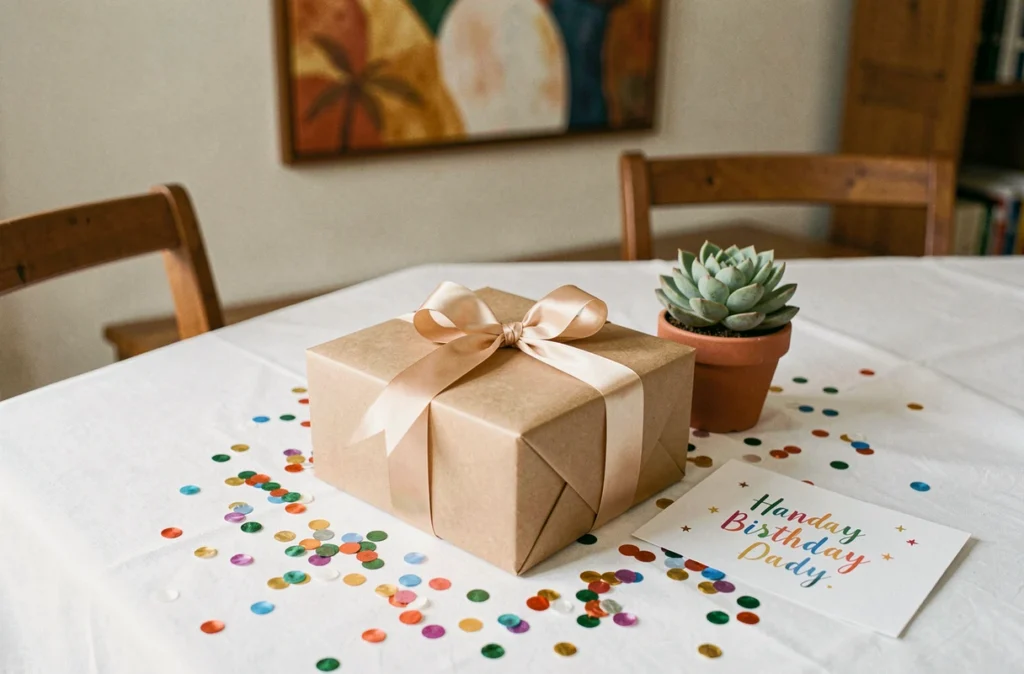 Table d'anniversaire décorée avec un cadeau emballé, confettis et carte de vœux pour célébrer un anniversaire réussi