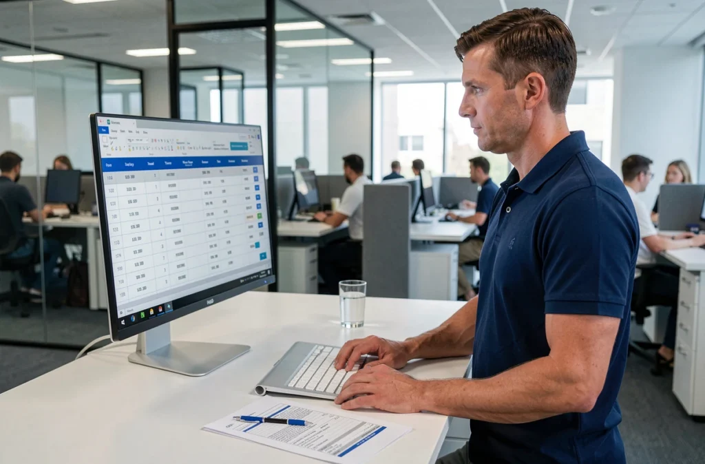 Homme consultant une facture avec conversion de minutes en heures sur un écran d'ordinateur dans un bureau professionnel