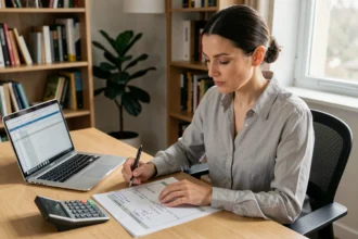 Femme calculant la conversion de minutes en heures sur une feuille de paie avec une calculatrice et un ordinateur portable