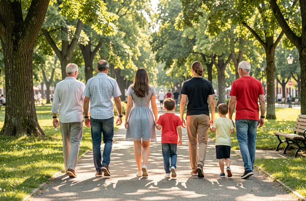 Différentes familles réunies lors d'une promenade dans un parc