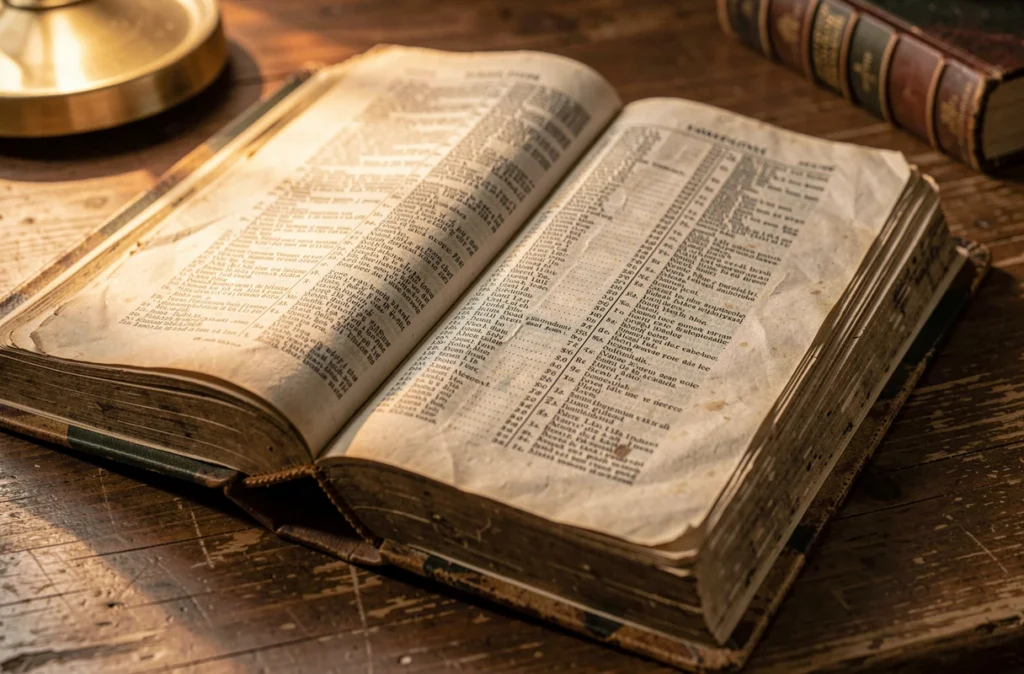 Un vieux dictionnaire de latin ouvert sur un bureau en bois